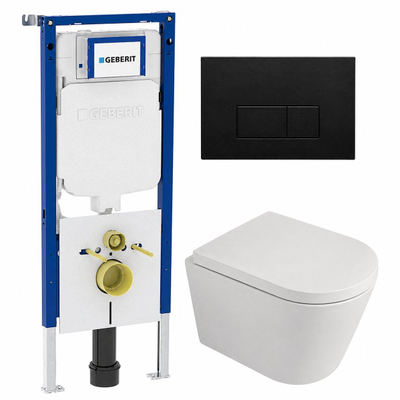 QeramiQ Dely Toiletset - 36.3x51.7cm - diepspoel - rimless - Geberit UP720 inbouwreservoir - softclose toilet zitting - 35mm - kunstof mat zwarte bedieningsplaat - rechthoekige knoppen - mat wit