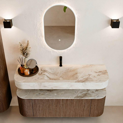 MONDIAZ THOR-DLUX 140cm meuble de salle de bains arrondi gauche + droite couleur Walnut avec 1 tiroir et 2 portes. Vasque suspendue CLOUD Milieu 1 trou de robinet couleur Frappe.