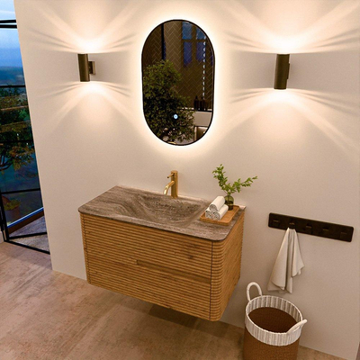 Mondiaz CIRO-DLUX Badkamermeubelset - 90x45x50cm - Solid surface wastafel Oza - 1 wasbak Midden - 1 kraangat - 2 lades - Oak