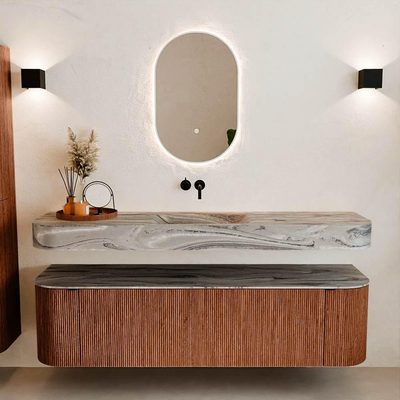 MONDIAZ THOR-DLUX Meuble de salle de bains 170cm arrondi gauche + droite couleur Ruby avec 1 tiroir et 2 portes. Vasque suspendue CLOUD Milieu sans trou de robinet couleur Sombra.