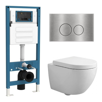 QeramiQ Dely Swirl Compact Toiletset - inbouwreservoir QeramiQ flush - 25mm zitting - metalen bedieningsplaat RVS - ronde knoppen - glans wit