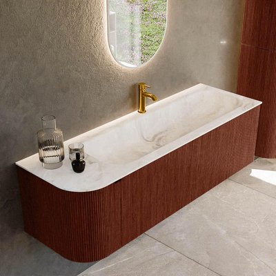 Mondiaz KURVE-DLUX Badkamermeubelset - 145x46x40cm - 1 lade - 1 deur - wastafel solid surface - rechts - 1 kraangat - Ruby