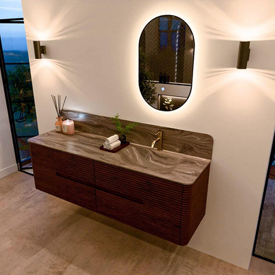 Mondiaz CIRO-DLUX Badkamermeubelset - 160x45x50cm - Solid surface wastafel Sombra - 1 wasbak Rechts - 1 kraangat - 4 lades - Ruby