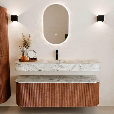 MONDIAZ THOR-DLUX 140cm meuble de salle de bains arrondi gauche + droite couleur Ruby avec 1 tiroir et 2 portes. Vasque suspendue CLOUD Milieu 1 trou de robinet couleur Glace.