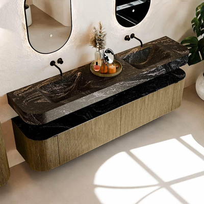 MONDIAZ THOR-DLUX Meuble de salle de bains - 200cm - arrondi gauche + droite - couleur Dusk - 2 tiroirs - 2 portes - Vasque suspendue CLOUD Double sans trou de robinet - couleur Lava