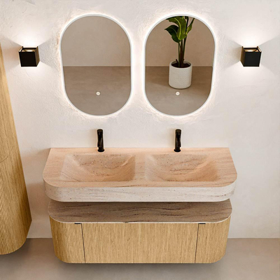 MONDIAZ THOR-DLUX 130cm meuble de salle de bains arrondi gauche + droite couleur Oak avec 1 tiroir et 2 portes. Vasque suspendue CLOUD Double 2 trous de robinet couleur Saba.