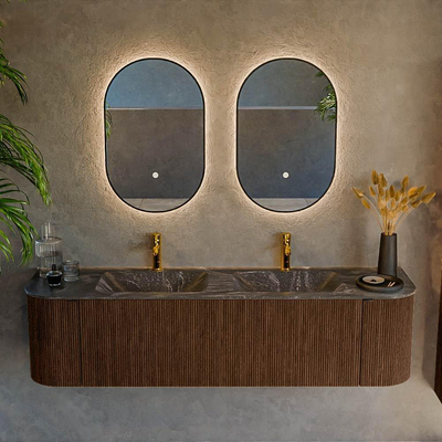 MONDIAZ KURVE-DLUX 170cm badmeubel met module 25 Len R kleur Walnut met 1 lade en 2 deuren. Wastafel LEAF dubbel 2 kraangaten kleur Lava.