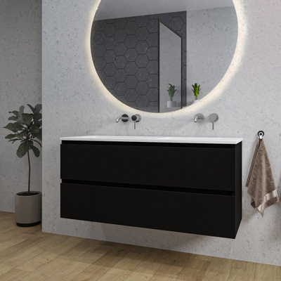Saniclass Chaci Ensemble meuble de salle de bains - 120x46x55cm - vasque en céramique blanche - 2 lavabos - sans trous de robinetterie - 2 tiroirs - miroir rond avec éclairage - noir mat