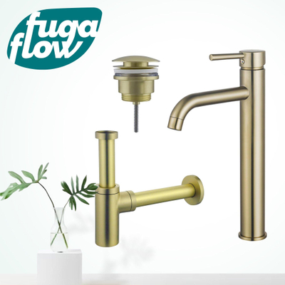 FugaFlow Eccelente Sobrado Badkamer Wastafelkraanset - verhoogde wastafelkraan - klikwaste plug - design sifon - PVD Geborsteld Messing