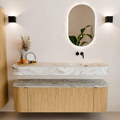 MONDIAZ THOR-DLUX 150cm badmeubel ronding links + rechts kleur Oak met 1 lade en 2 deuren. Vrijhangende wastafel CLOUD Rechts zonder kraangat kleur Glace.