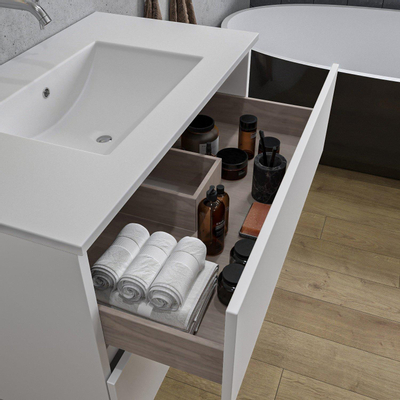 Adema Chaci Ensemble de meuble - 80x46x55cm - 1 vasque en céramique blanche - sans trou de robinet - 2 tiroirs - armoire de toilette - blanc mat