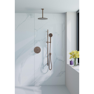 Fortifura Calvi Inbouw Regendoucheset - rond - thermostatisch - plafondarm - glijstang - 25cm - hoofddouche - ronde handdouche - gladde slang - PVD - geborsteld koper