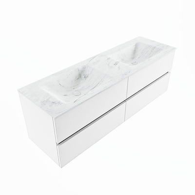 MONDIAZ VICA-DLUX Ensemble meuble de salle de bains - 150cm - sous-meuble Talc - 4 tiroirs - lavabo encastré Cloud double - 2 trous de robinet - version haute 60cm - Opalo