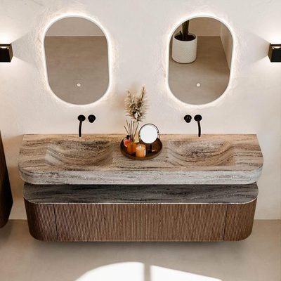 MONDIAZ THOR-DLUX 180cm badmeubel ronding links + rechts kleur Walnut met 2 lades en 2 deuren. Vrijhangende wastafel CLOUD Dubbel zonder kraangat kleur Oza.