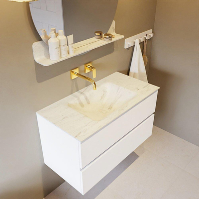 MONDIAZ VICA-DLUX Ensemble meuble de salle de bains - 90cm - meuble sous-vasque talc - 2 tiroirs - lavabo encastré cloud central - sans trous de robinet - version haute 60cm - opalo