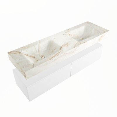 Mondiaz ALAN-DLUX Ensemble de meuble - 150cm - meuble Talc mat - 2 tiroirs - Lavabo Cloud Frappe suspendu - vasque Gauche et droite - 2 trous de robinet