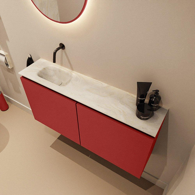 MONDIAZ TURE-DLUX Meuble toilette - 100cm - Fire - EDEN - vasque Ostra - position gauche - sans trou de robinet