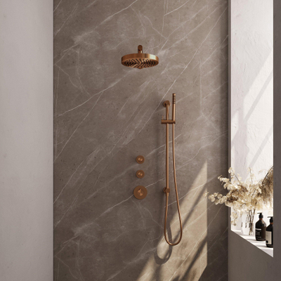 BRAUER Stripe Douche de tête encastrée thermostatique - SET 07 - pomme de douche 25 cm - bras mural droit - douchette à main bâton - flexible de douche - barre de douche intégrée - cuivre brossé PVD