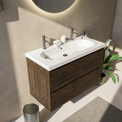 Saniclass Holz Pure Ensemble de meubles de salle de bains - 100x45x63.5cm - lavabo Palermo en céramique blanc - 1 vasque - 2 trous de robinetterie - 2 tiroirs - chêne charcoal mat (bois)