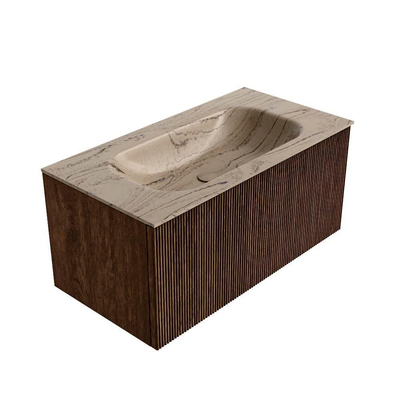 MONDIAZ KURVE-DLUX Meuble de salle de bains 90cm couleur Walnut avec 1 tiroir et 0 portes. Vasque BIG SMALL Centre sans trou de robinet Arena.