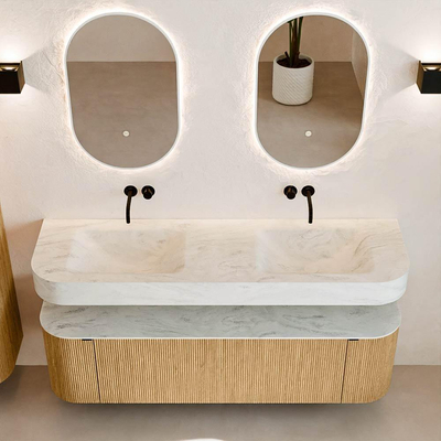 MONDIAZ THOR-DLUX 160cm badmeubel ronding links + rechts kleur Oak met 1 lade en 2 deuren. Vrijhangende wastafel CLOUD Dubbel zonder kraangat kleur Opalo.