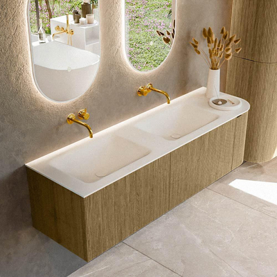 Ensemble de meuble de salle de bain Mondiaz KURVE - 155x46x40cm - 2 tiroirs - 1 porte - lavabo en solid surface - double / gauche - sans trou de robinet - Dusk
