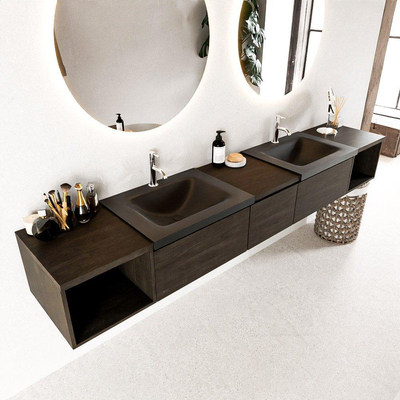 MONDIAZ BUKLA 240cm badmeubel met open module 40 L+R kleur Dark Brown met 3 lades. Wastafel CLOUD dubbel 2 kraangaten kleur Urban.