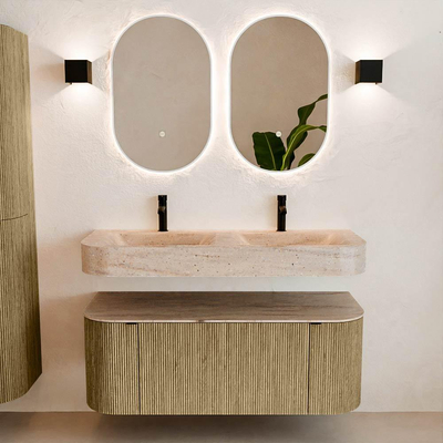 MONDIAZ THOR-DLUX 120cm meuble de salle de bains arrondi gauche + droite couleur Dusk avec 1 tiroir et 2 portes. Vasque suspendue CLOUD Double 2 trous de robinet couleur Saba.