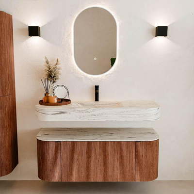 MONDIAZ THOR-DLUX 120cm meuble de salle de bains arrondi gauche + droite couleur Ruby avec 1 tiroir et 2 portes. Vasque suspendue CLOUD Milieu 1 trou de robinet couleur Nata.