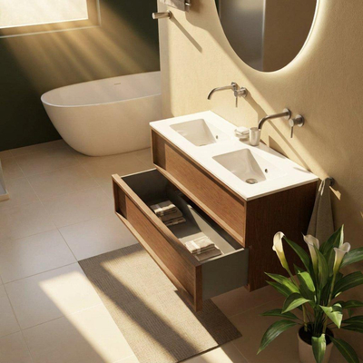 Saniclass Holz Frame Ensemble meuble de salle de bains - 120x45x62cm - Vygo lavabo en céramique blanc - 2 vasques - sans trous de robinetterie - 2 tiroirs - walnut pure mat (bois)