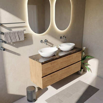Saniclass Holz Pure Ensemble de meubles de salle de bains - 140x45x63cm - Plan de toilette en pierre naturelle Noche dark emperador - sans trou de robinet - 4 tiroirs - chêne natural mat (bois)