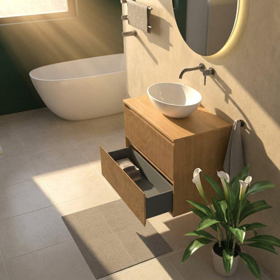 Saniclass Holz Atelier Ensemble de meubles de salle de bains - 80x45x62cm - plan de travail en bois - sans trou de robinet - 2 tiroirs - chêne natural mat (bois)