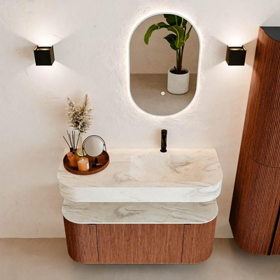 MONDIAZ THOR-DLUX Meuble de salle de bains 110cm arrondi gauche + droite couleur Ruby avec 1 tiroir et 2 portes. Vasque suspendue CLOUD Droite 1 trou de robinet couleur Ostra.