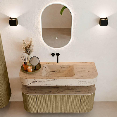 MONDIAZ THOR-DLUX 120cm meuble de salle de bains arrondi gauche + droite couleur Dusk avec 1 tiroir et 2 portes. Vasque suspendue CLOUD Milieu sans trou de robinet couleur Arena.