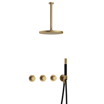Hotbath Cobber IBS70 Regendoucheset - inbouw - 30cm plafondarm - 30cm ronde hoofddouche - staafhanddouche - geborsteld messing goud
