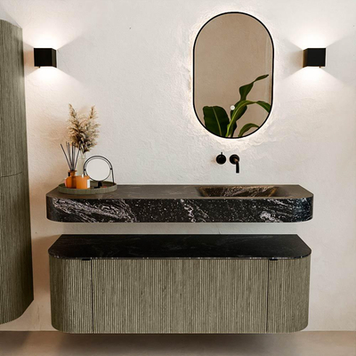 MONDIAZ THOR-DLUX 140cm meuble de salle de bains arrondi gauche + droite couleur Shadow avec 1 tiroir et 2 portes. Vasque suspendue CLOUD droite sans trou de robinet couleur Lava.