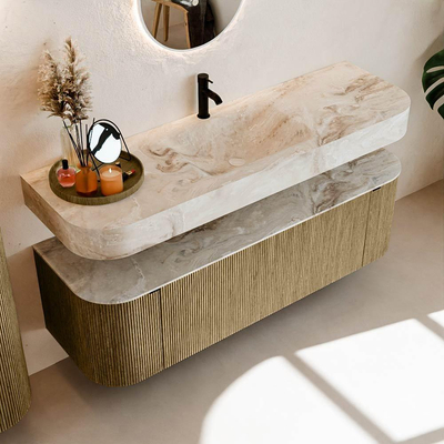 MONDIAZ THOR-DLUX 150cm meuble de salle de bains arrondi gauche + droite couleur Dusk avec 1 tiroir et 2 portes. Vasque suspendue CLOUD Milieu 1 trou de robinet couleur Frappe.