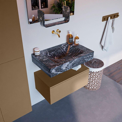 Mondiaz ALAN-DLUX Ensemble de meuble - 70cm - meuble Oro mat - 1 tiroir - Lavabo Cloud Lava suspendu - vasque Centre - 0 trous de robinet