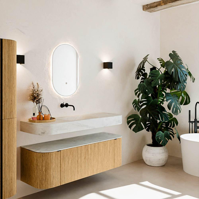 MONDIAZ THOR-DLUX 140cm meuble de salle de bains arrondi gauche + droite couleur Oak avec 1 tiroir et 2 portes. Vasque suspendue CLOUD Milieu sans trou de robinet couleur Opalo.