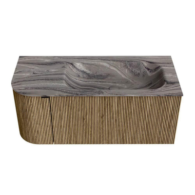 MONDIAZ KURVE-DLUX Meuble de salle de bains 105cm arrondi à gauche couleur Dusk avec 1 tiroir et 1 porte. Lavabo BIG SMALL à droite sans trou de robinet Sombra.