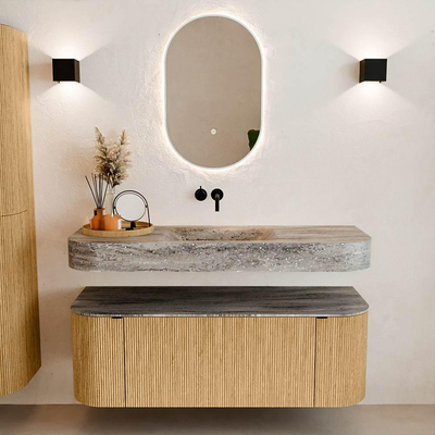 MONDIAZ THOR-DLUX 130cm meuble de salle de bains arrondi gauche + droite couleur Oak avec 1 tiroir et 2 portes. Vasque suspendue CLOUD Milieu sans trou de robinet couleur Oza.