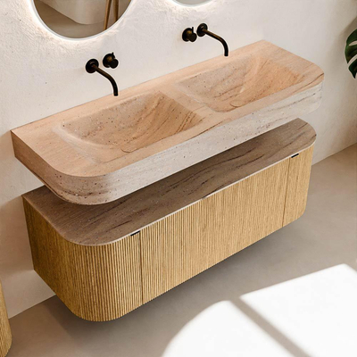 MONDIAZ THOR-DLUX 130cm badmeubel ronding links + rechts kleur Oak met 1 lade en 2 deuren. Vrijhangende wastafel CLOUD Dubbel zonder kraangat kleur Saba.