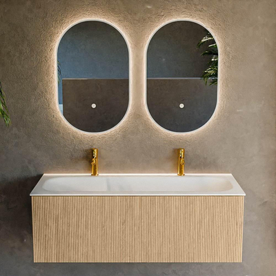 MONDIAZ KURVE 120cm Meuble salle de bain - couleur Oak - 1 tiroir - vasque BIG LARGE centre - 2 trous de robinet - Talc