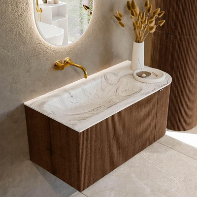 MONDIAZ KURVE-DLUX Meuble de salle de bains 95 cm avec module 25 R couleur Walnut avec 1 tiroir et 1 porte. Lavabo BIG SMALL gauche sans trou de robinet couleur Glace.