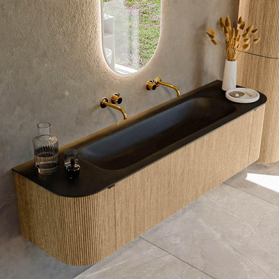 MONDIAZ KURVE 170cm badmeubel met module 25 Len R kleur Oak met 1 lade en 2 deuren. Wastafel BIG LARGE midden zonder kraangat Urban.