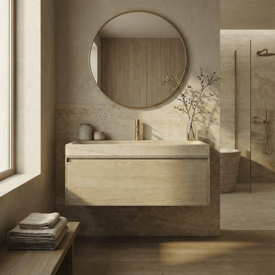 Forzalaqua Ibiza Ensemble meuble de salle de bains - 120x50x50cm - 1 tiroir - lavabo en travertin - 1 trou de robinet - jeu de supports - bouchen de vidage - Smoke