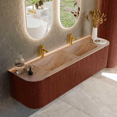 MONDIAZ KURVE-DLUX 170cm meuble de salle de bains arrondi Gauche + Droite couleur Ruby avec 1 tiroir et 2 portes. Lavabo LEAF Double 2 trous de robinet Saba.