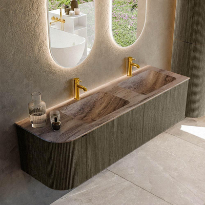 MONDIAZ KURVE-DLUX 155cm meuble de salle de bains arrondi Gauche couleur Shadow avec 2 tiroirs et 1 porte. Lavabo LEAF Double / Droite 2 trous de robinet Oza.