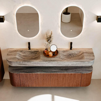 MONDIAZ THOR-DLUX 180cm meuble de salle de bains arrondi gauche + droite couleur Ruby avec 2 tiroirs et 2 portes. Vasque suspendue CLOUD Double 2 trous de robinet couleur Oza.