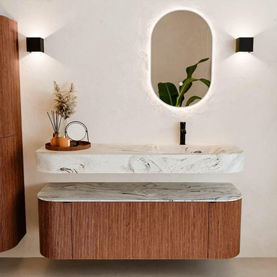 MONDIAZ THOR-DLUX Meuble de salle de bains 140cm arrondi gauche + droite couleur Ruby avec 1 tiroir et 2 portes. Vasque suspendue CLOUD Droite 1 trou de robinet couleur Glace.